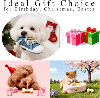 Interactive Squeaky Dog Toy with Jingle Bell - Shoe-Shaped Chew Toy for Puppy Teething, Thickened Laces for Small and Medium Breeds Tug-of-War, Not for Aggressive Chewers (Blue)