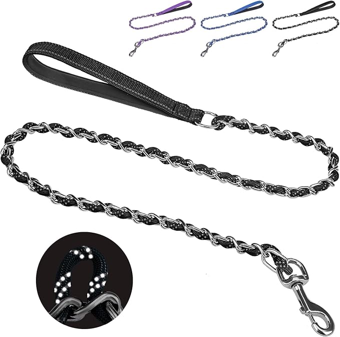 HOMIMP Heavy Duty Dog Leash - Chew Proof 4 FT, Reflective, Metal Training Leash with Soft Padded Handle, Strong Rope for Night Walking, Black