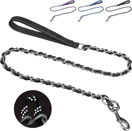 HOMIMP Heavy Duty Dog Leash - Chew Proof 4 FT, Reflective, Metal Training Leash with Soft Padded Handle, Strong Rope for Night Walking, Black