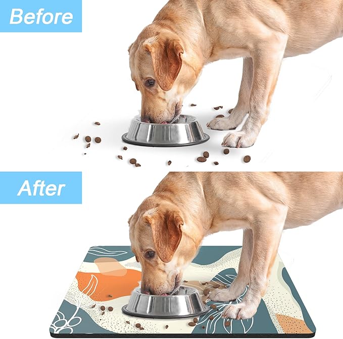 Rnivvi Dog Food Mat, 12" x 19" Boho Absorbent Dog Cat Bowl Mat for Food and Water, 3MM Anti-Slip Rubber Pet Feeding Rug Protect Floors, Puppy Placemat for Feeding & Watering Supplies, Abstract Leaves