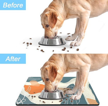 Rnivvi Dog Food Mat, 12" x 19" Boho Absorbent Dog Cat Bowl Mat for Food and Water, 3MM Anti-Slip Rubber Pet Feeding Rug Protect Floors, Puppy Placemat for Feeding & Watering Supplies, Abstract Leaves
