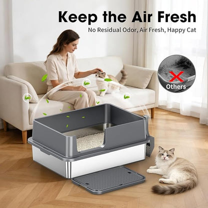 2PACK XXXL Stainless Steel Cat Litter Box with High Sides Lid, Large Litter Box for Big&Multiple Cats, Metal Kitty Litter Boxes with Footboard & Scoop, Anti-Leakage, Non-Sticky, 28.3×20.2×11.5inch