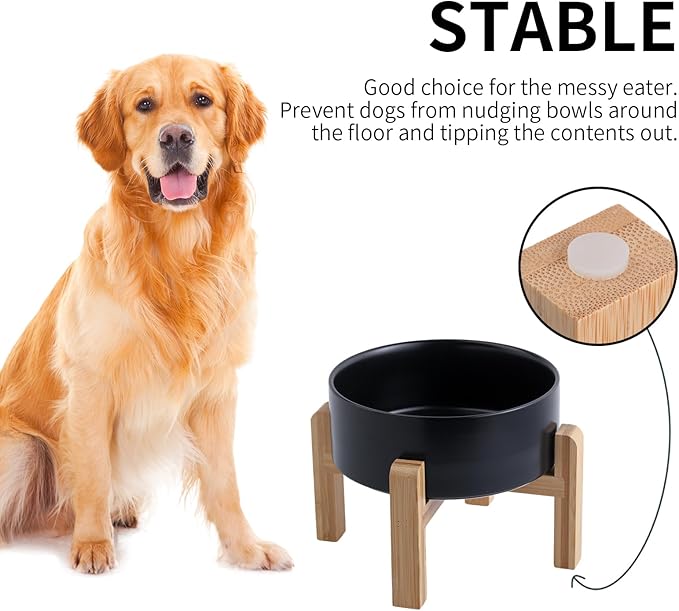 Black Elevated Dog Bowl Ceramic for Small Medium Sized Breed,Raised Dog Food Water Bowl with Stand,6 in 3.6 Cups Non Slip Pet Dish Heavy Weighted Marble Grey