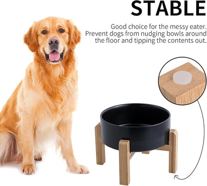 Black Elevated Dog Bowl Ceramic for Small Medium Sized Breed,Raised Dog Food Water Bowl with Stand,6 in 3.6 Cups Non Slip Pet Dish Heavy Weighted Marble Grey