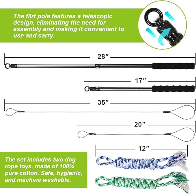 Carbon Fiber Flirt Pole for Dogs, 0.2 Pounds Lightweight Dog Flirt Pole for Large Medium Small Dogs, Telescopic Flirt Stick with 2 Toys & 2 Ropes (28 Inches Pole)