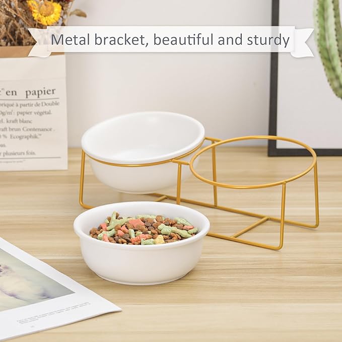 Elevated Dog Bowls for Small Dogs - 2 Ceramic Bowls with Gold Iron Stand - Raised Pet Dish Set for Food and Water - Comfortable Feeding