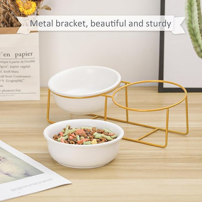 Elevated Dog Bowls for Small Dogs - 2 Ceramic Bowls with Gold Iron Stand - Raised Pet Dish Set for Food and Water - Comfortable Feeding