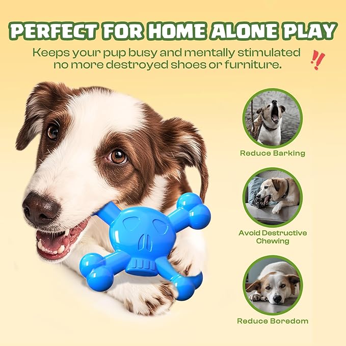 Dog Toys for Small Dogs, Skull-Shaped Small Dog Toys for Puppies, Durable Natural Rubber Puppy Chew Toys with Bacon&Milk Flavor, Indestructible Dog Toy, Blue