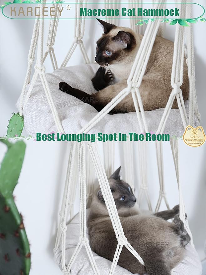 KARCEEY Macrame Cat Hammock Hanging Bed - Boho Wall Swing with Catnip Cushion for Wall Climber & Window Perch - Hardware Kit Included