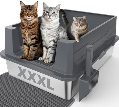 Stainless Steel Litter Box Extra Large for Big Cats Multi-Cats, Jumbo Extra Large Metal Cat Litter Box with High Sided Lid, Anti-Urine Leakage, Non-Stick,Include Litter Scoop