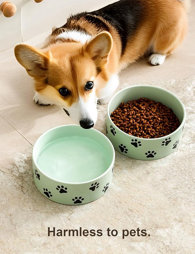 6.5 Inch Green Ceramic Dog Bowl with Paw Print Pattern - Porcelain Wide Mouth Dog Food or Water Bowls, Large Feeding Pet Bowls for Indoor Medium Sized Dogs, for Wet or Dry Food