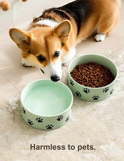 6.5 Inch Green Ceramic Dog Bowl with Paw Print Pattern - Porcelain Wide Mouth Dog Food or Water Bowls, Large Feeding Pet Bowls for Indoor Medium Sized Dogs, for Wet or Dry Food