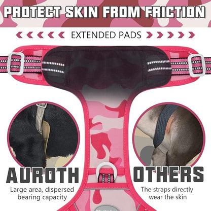 AUROTH Tactical Dog Harness for Small Medium Large Dogs No Pull Adjustable Pet Harness Reflective K9 Working Training Easy Control Pet Vest Military Service Dog Harnesses (XL, Pink Camo)