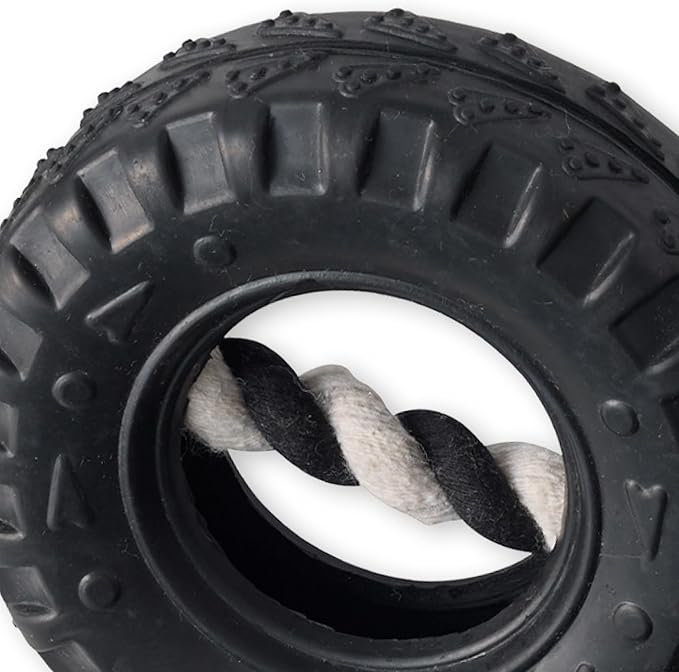 Natural Rubber Tire and Organic Cotton Rope Pull and Chew Dog Toy for All Pet Breeds, Black, Medium