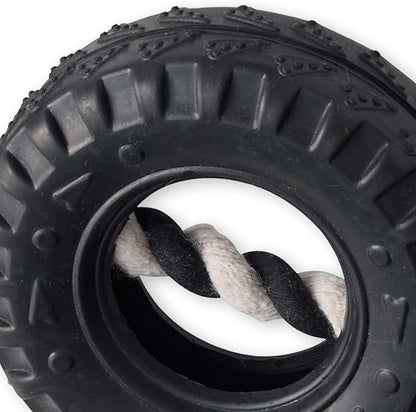 Natural Rubber Tire and Organic Cotton Rope Pull and Chew Dog Toy for All Pet Breeds, Black, Medium