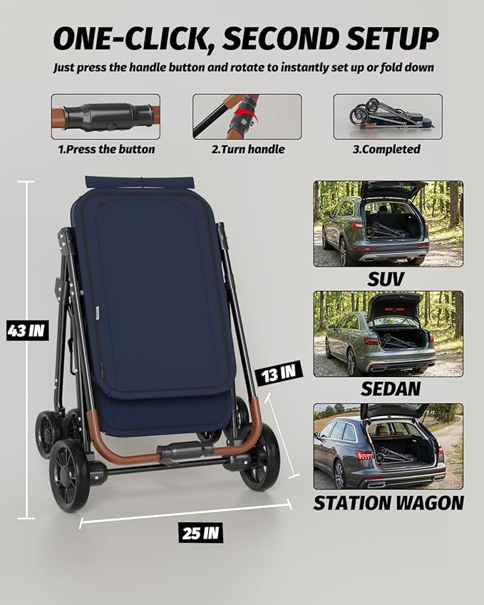 Dog Stroller for Large & Medium Dogs, Pet Stroller for 2 Small Dogs Up to 80 Lbs, Extra Large Heavy Duty, Folding & Breathable, All-Terrain Wheels, Navy Blue