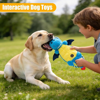 Interactive Squeaky Dog Chew Toy, Tough Plush Dog Toys for Chewers, Small, Medium & Large Dogs, Plush with Double Rope Handles for Tug of War, Mess-Free, Blue