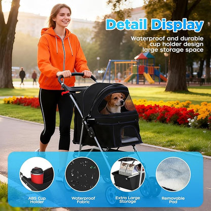 BestOffice Pet Stroller for Small Medium Dogs & Cats, 4-Wheel Foldable Dog Stroller with Cup Holder, Lightweight Travel Carrier, Waterproof Design for Outdoor Walks, Black