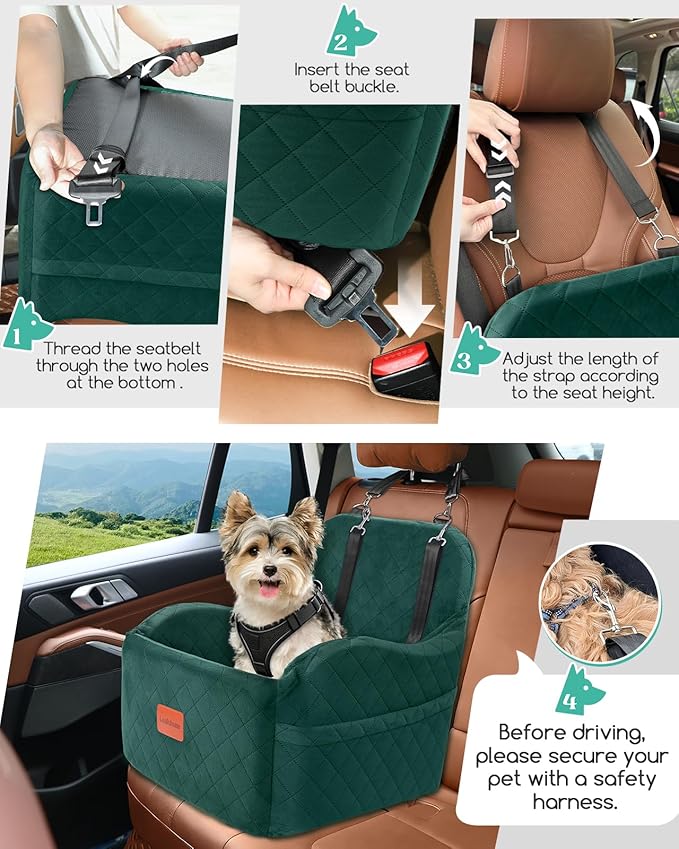 Lealchum Dog Booster Car Seat for Small/Medium Dogs,6in Elevated Cushion,Fully Detachable and Washable,2 Storage Pockets & 3 Straps,Fits in Front/Back Seat,Easy to Install (Green,Medium)