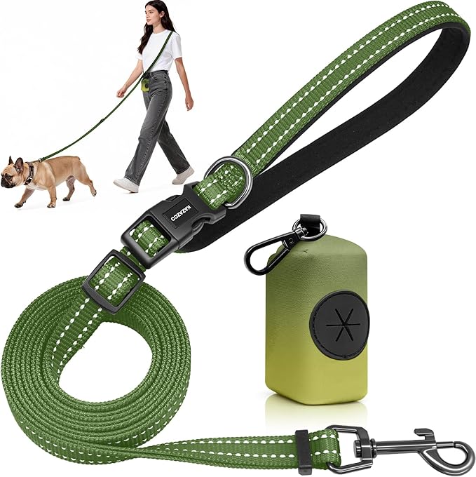 Kazazoo Hands-Free Dog Leash with Poop Bag Holder, Adjustable 4-7 Ft Waist for Dog Walking, Running for Small & Medium Dogs with Reflective Strips, Nylon Waist Belt, Green