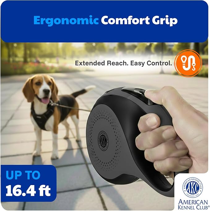 American Kennel Club Retractable Dog Leash, 16.4ft, Tangle-Free, Ergonomic Grip, One-Hand Brake, for Medium & Large Dogs up to 110 lbs