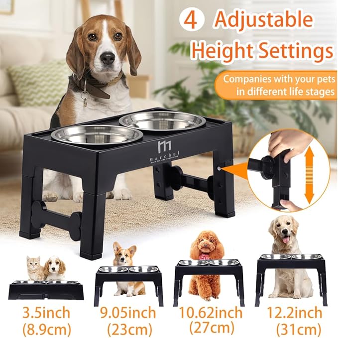 Marchul Elevated Dog Bowls, Raised Dog Food Water Bowls with 2 Thick Stainless Steel Bowls, 4 Height Adjustable, Non-Slip Stand for Medium Large Dogs