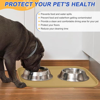 Silicone Pet Feeding Mat with Raised Edge for Food and Water, Dog Bowl Mats, Cat Bowls Placemat with High Lip for Floor Waterproof, Rubber Tray for Cats and Dogs 19 x 12 x0.7 Dark Beige