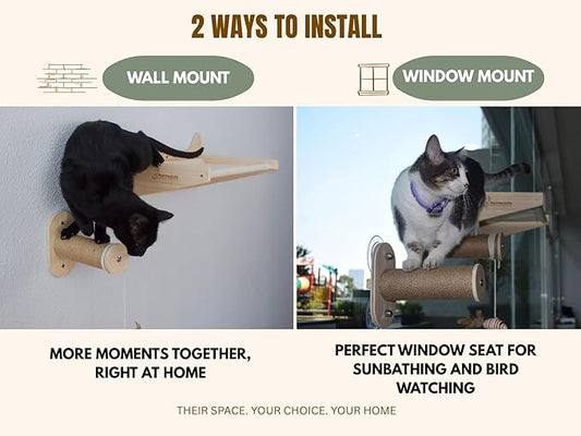 Cat Window Perch & Wall Hammock – 2-in-1 Solid Wood Window Seat with Strong Suction Cups & Wall Mount Option – Indoor Shelf with Climbing Steps + Hanging Toy