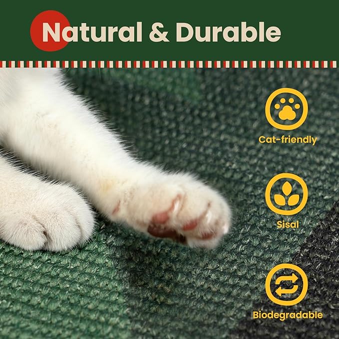 Cat Scratcher Mat,Sisal Cat Scratch Pad,Horizontal Floor Cat Scratching Pads Rug for Indoor Cats,Protector for Wall&Carpets&Sofas,Kitty Xmas-Gift, Includes Cat Toy (M, Christmas)