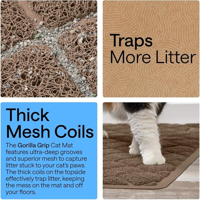 GORILLA GRIP Cat Litter Box Mat, Water Resistant, US Designed Kitty Litter Trapping Mats, Easy to Clean, Scatter Control, Less Mess and Clean Floors, Kitten Supplies for Indoor Cats, 24x17 Brown