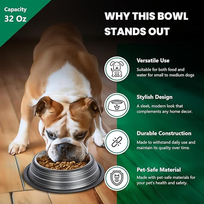 Iconic Pet Color Splash Stripe Non-Skid Stainless Steel Dog & Cat Bowl - Black, 32 Oz, 4 Cup, Durable, Easy to Clean, Anti-Slip Feeding Dish for Food & Water, Stylish Design for Dogs and Cats