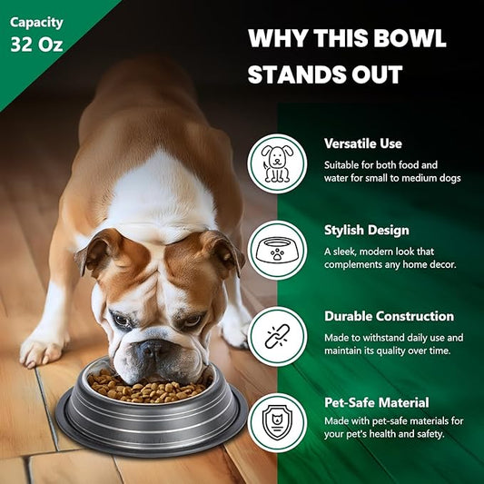 Iconic Pet Color Splash Stripe Non-Skid Stainless Steel Dog & Cat Bowl - Black, 32 Oz, 4 Cup, Durable, Easy to Clean, Anti-Slip Feeding Dish for Food & Water, Stylish Design for Dogs and Cats