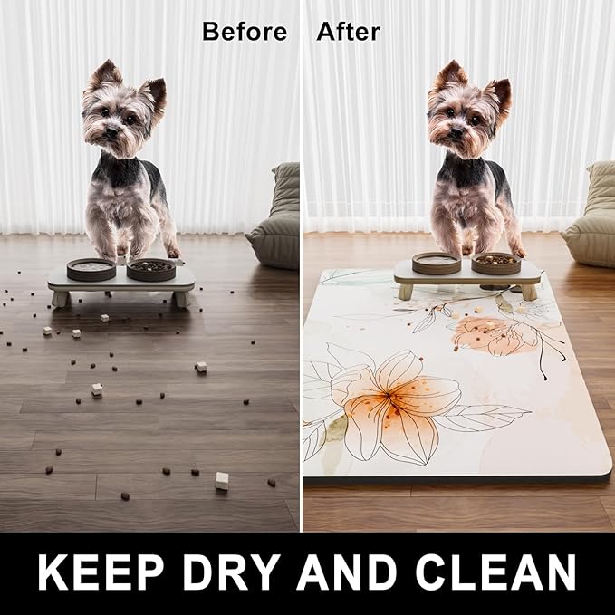 Dog Food Mat, 16" x 24" Absorbent Dog Cat Bowl Mat for Food and Water, Cute Anti-Slip Rubber Pet Feeding Rug Protect Floors, Placemat for Feeding & Watering Supplies, Watercolor Flowers