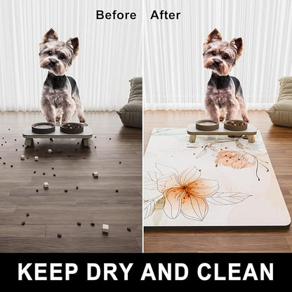 Dog Food Mat, 16" x 24" Absorbent Dog Cat Bowl Mat for Food and Water, Cute Anti-Slip Rubber Pet Feeding Rug Protect Floors, Placemat for Feeding & Watering Supplies, Watercolor Flowers