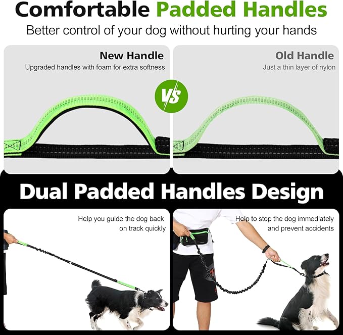 Hands Free Dog Leash, Adjustable Waist Leash for Walking with Dual Bungees Padded Handle, Shock Absorbing Hands Free Belt for Small Medium-Sized Dogs Outdoor Activities, Black + Green