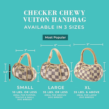Haute Diggity Dog Checker Chewy Vuiton Handbag, Plush Designer Dog Toys with Interactive Squeaker, Stimulating Pet Enrichment, Machine-Washable & Safe Materials for All Breeds, Size XL
