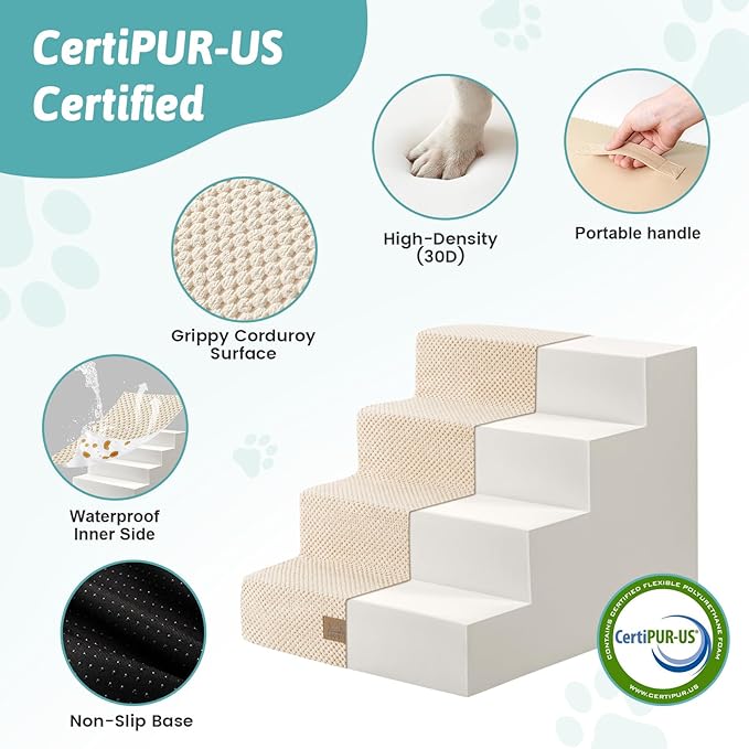 Dog Stairs for Small Dogs 15.7" H, 4-Step Gentle Incline Pet Step for Couch Sofa, Non-Slip Right-Angle Dog Ramp for Puppy Doggie Senior Cats, 15.7x23.6x15.7 Inch, Beige