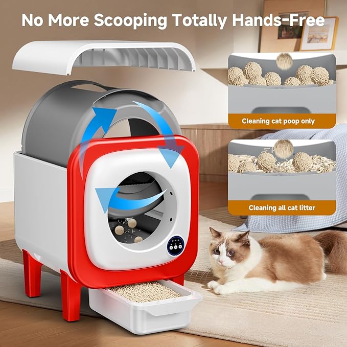 Self Cleaning Litter Box, Extra Large Automatic Cat Litter Box Self Cleaning for Multiple Cats, App Control, Safety Protection, Ultra-Quiet,Includes Trash Bags,Red