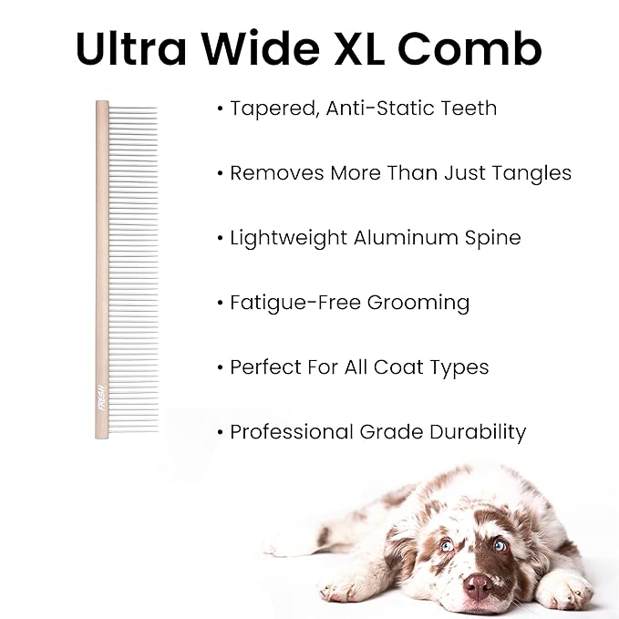 Fresh Ultra Wide XL Metal Pet Comb, Oval Aluminum Handle, Wide Tooth Spacing, Metal Grooming Comb for Dogs, 9.75"