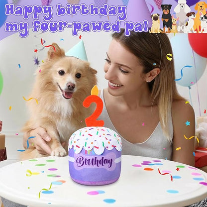Dog 2nd Birthday Cake Toy Accessories for Girl Boy Gifts, Purple Squeaky Plush Toy for Dog Birthday Party Decor Favor for Large, Medium and Small Dogs