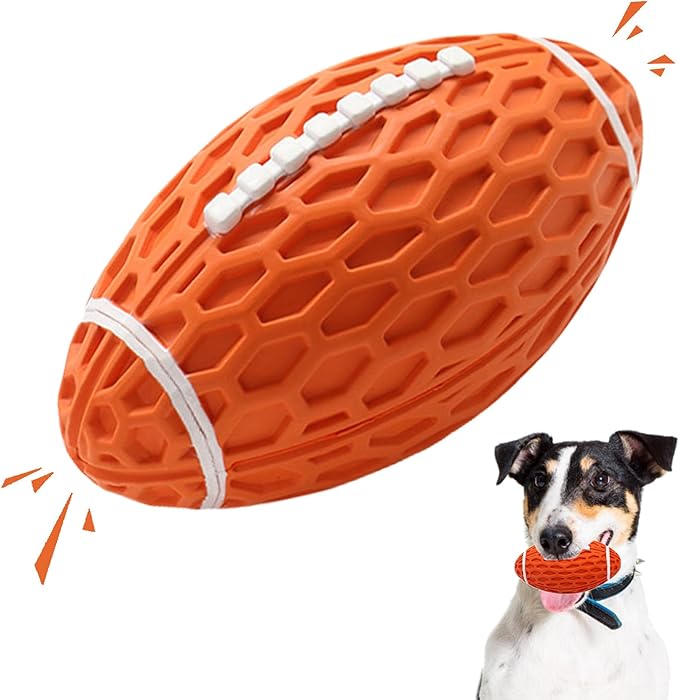 Squeaky Dog Toy, Bacon Flavored Rubber Dog Ball for Aggressive Chewers, Floating Fetch Outdoor Dog Football, Durable and Interactive Dog Toy for Medium Large Dogs, Orange, Large