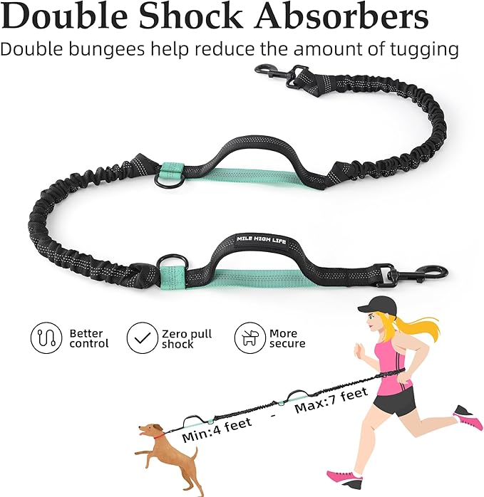 Mile High Life Hands Free Waist Leash for Dog Running Training and Jogging, Adjustable Belt with Double Handle, Reflective Bungee for Medium Large Dogs (Black Teal, 7FT)