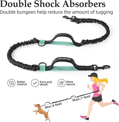 Mile High Life Hands Free Waist Leash for Dog Running Training and Jogging, Adjustable Belt with Double Handle, Reflective Bungee for Medium Large Dogs (Black Teal, 7FT)