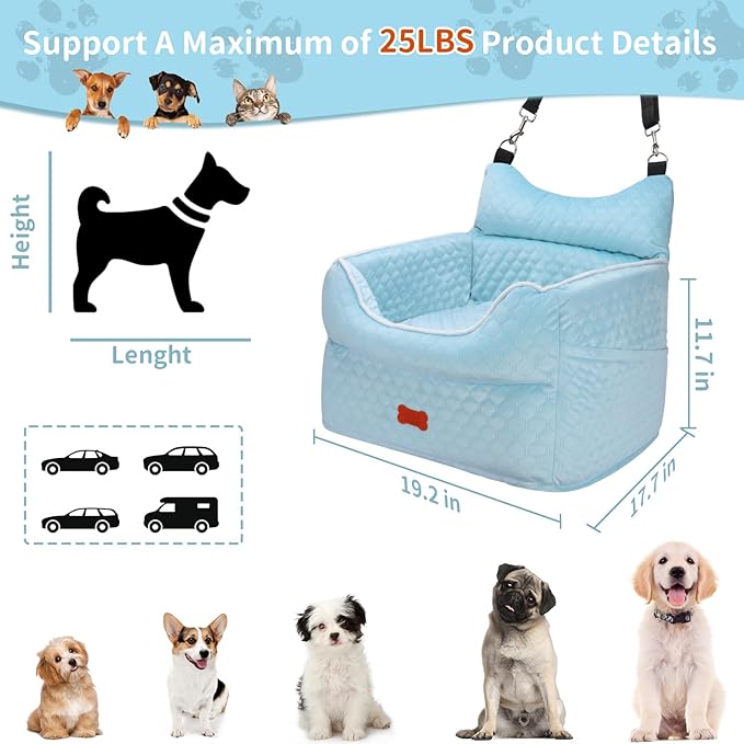 Dog Car Seat - Memory Foam Dog Booster Seat for Small Dogs Up to 25lbs-Elevated Pet Car Seat with Storage Pockets and Dog Seat Belt-Soft Pet Travel Bed for Front & Back Seats-Removable Washable-Blue