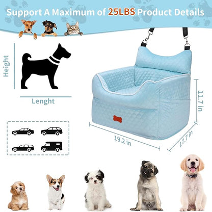 Dog Car Seat - Memory Foam Dog Booster Seat for Small Dogs Up to 25lbs-Elevated Pet Car Seat with Storage Pockets and Dog Seat Belt-Soft Pet Travel Bed for Front & Back Seats-Removable Washable-Blue