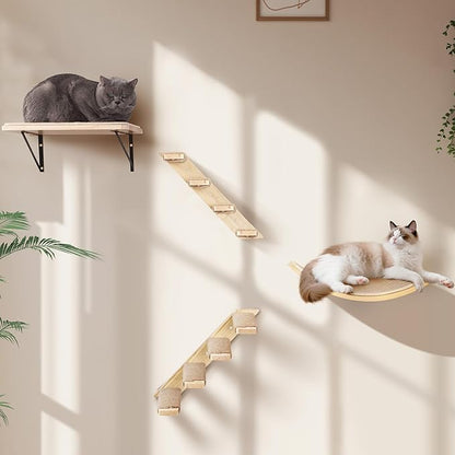 Cat Wall Shelves Set with Sisal Cats Stairs, 4 Piece Wooden Climbing Furniture with Scratchable Curved Bed, Flat Shelf & 2 Cat Wall 4-Steps Ladders