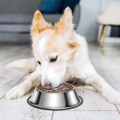 2-in-1 Metal Dog Bowl with Slow Feeder Insert, Food Grade 304 Slow Feeder Dog Bowls, Non-Slip Bottom, Pet Slower Food Feeding Bowls for Increases Feeding Time, Reduces Digestive Problems (L)