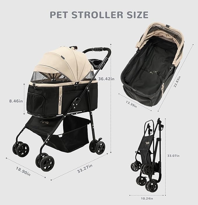 Pet Stroller with Removable Carrier, 3 in 1 Stroller for Dogs, Pet One-Click Foldable Pet Stroller with 4 Wheel, Small Dog Stroller Holds up to 33 lbs, Cup Holder, Car Stroller, Khaki