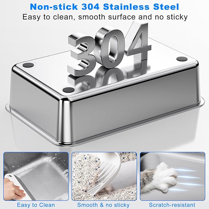 Non-stick Stainless Steel Litter Box, XL Side Opening Splash-Proof & Leak-Proof Seamless Seal, Ellenpent Large Capacity, Cat Litter Box with Lid for Multi-Cats, Large Cats, Easy-Clean & Durable (Gray)