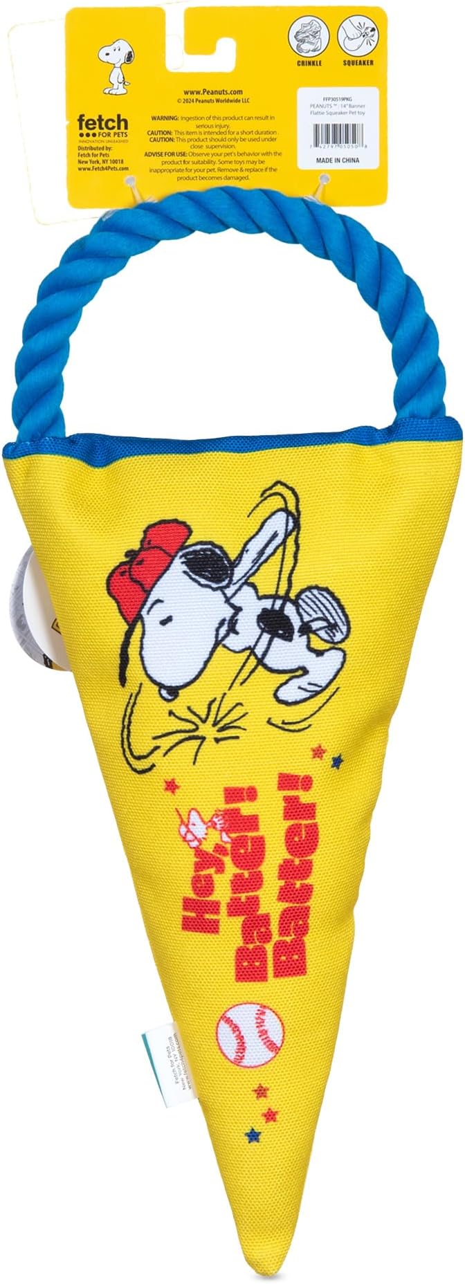 Peanuts for Pets Durable Dog Toy - Athlete Snoopy Flattie Fan Banner with Rope Tug, Squeaker, and Crinkle - Interactive Chew Toys for Small, Medium, Large Dogs and Puppies
